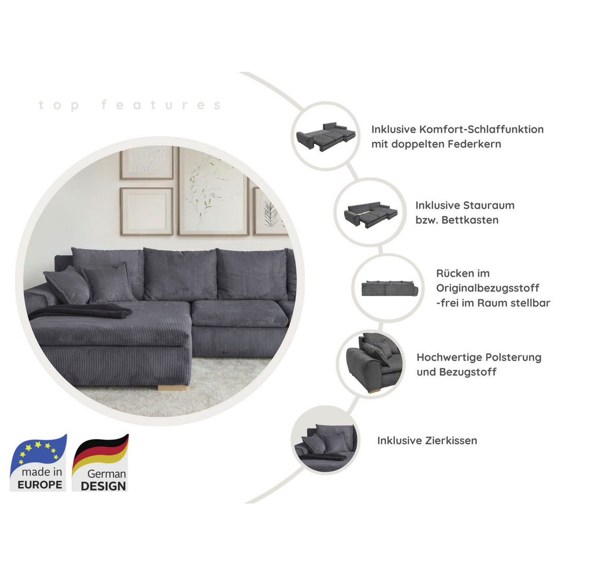 Cord Ecksofa KATJA mit ausgezogener Liegefläche