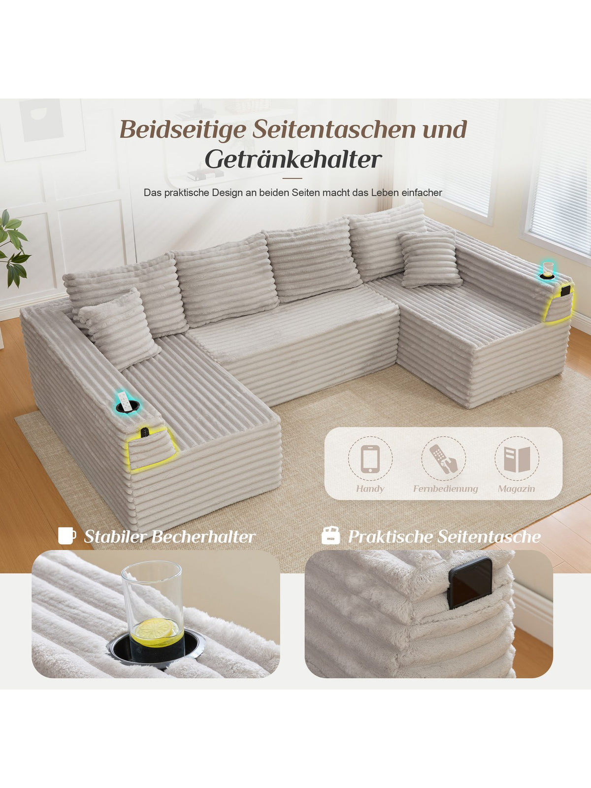 Seitliche Ansicht der U-Form des Cord Sofas CELYA