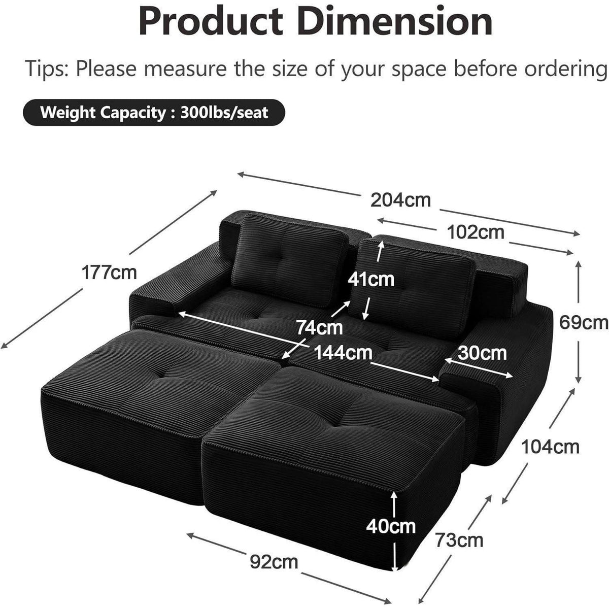 Modulares Cord Ecksofa in Schwarz von vorne