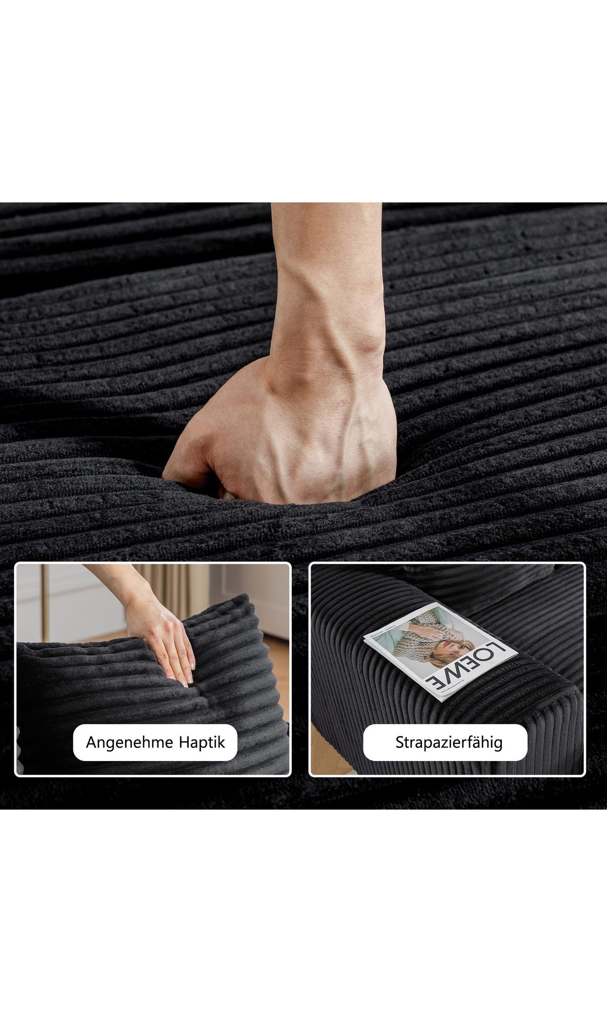Seitliche Gesamtansicht des modularen Cord Ecksofas in Schwarz