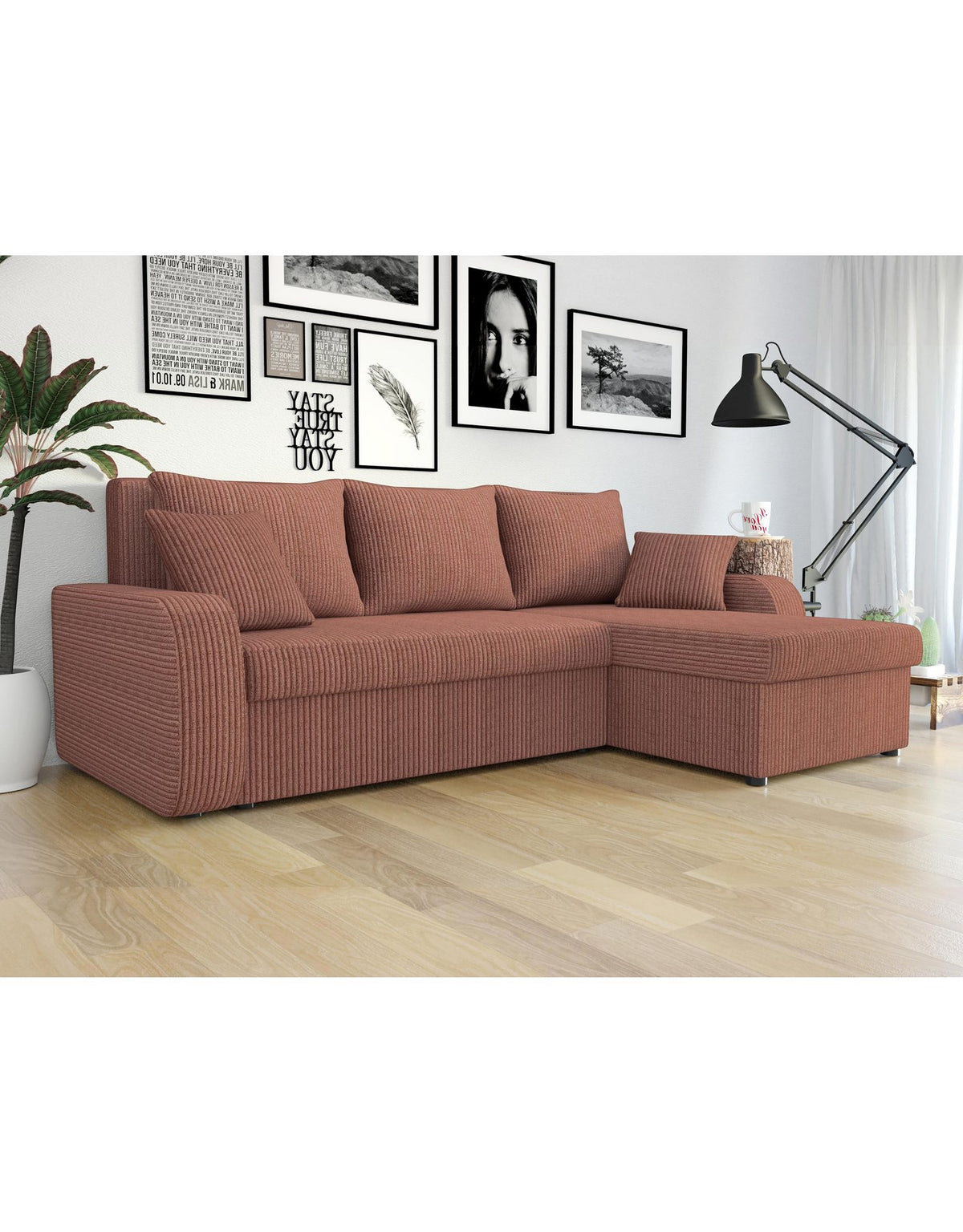 Geöffneter Bettkasten des Cord Ecksofas KRIS