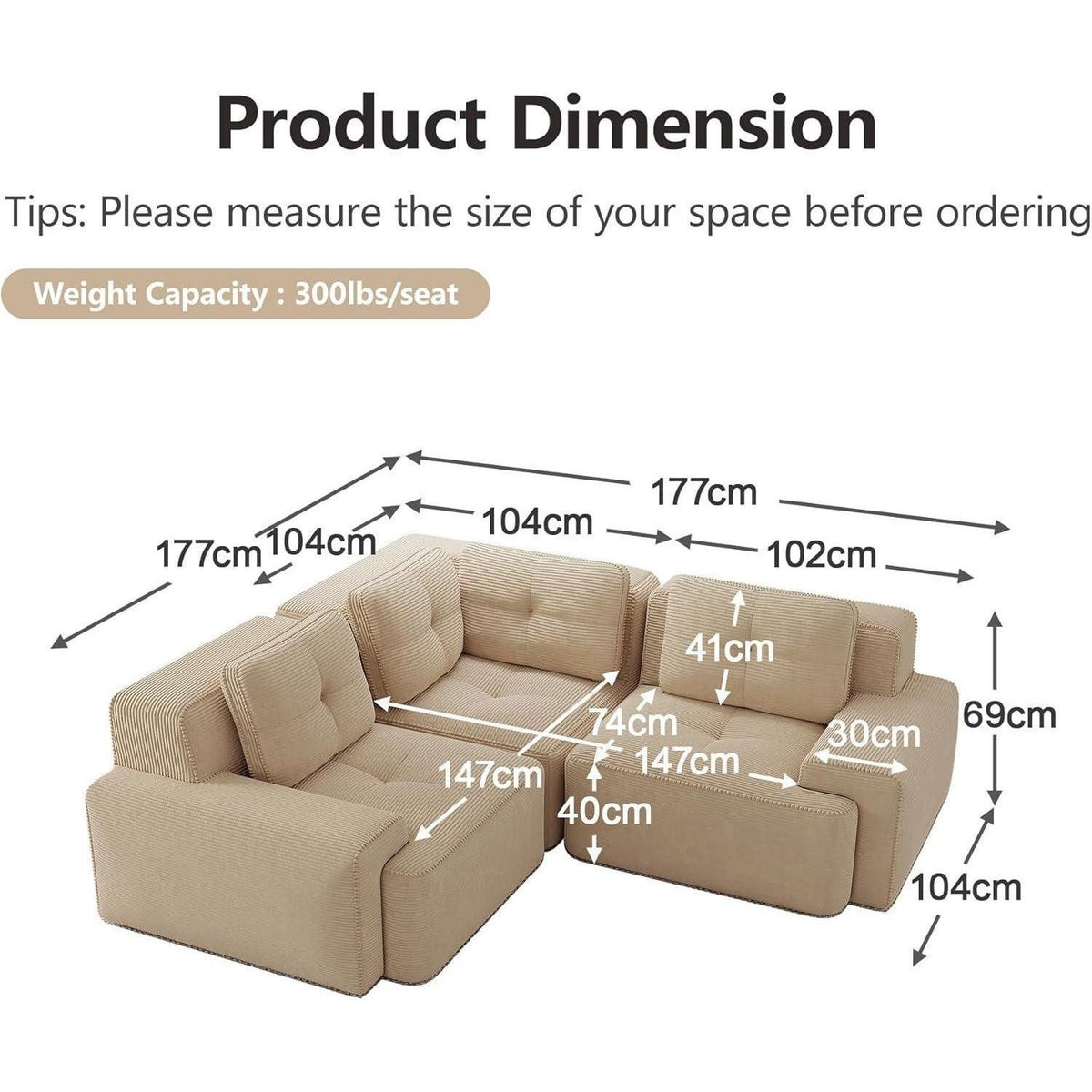 Modulares Cord Ecksofa in Beige von schräg vorne