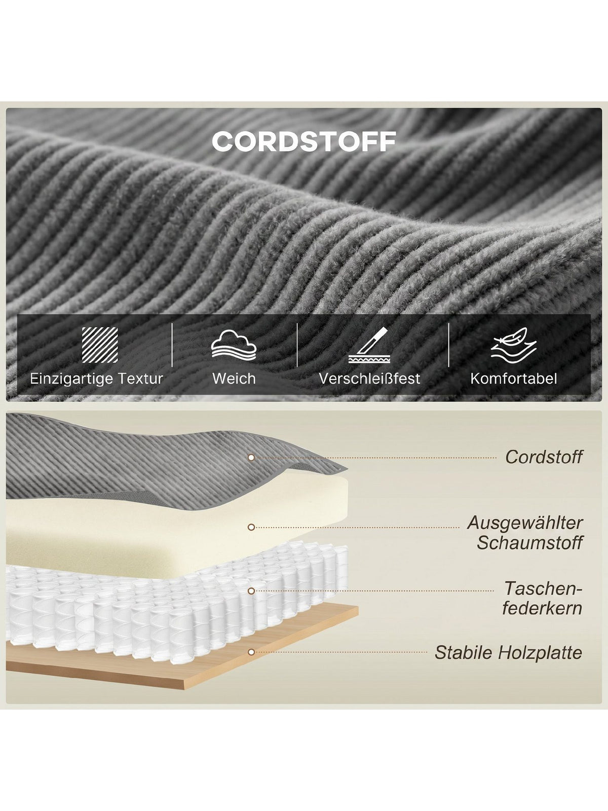 Cord Sofa 3-Sitzer Sitzflaeche mit zwei Kissen