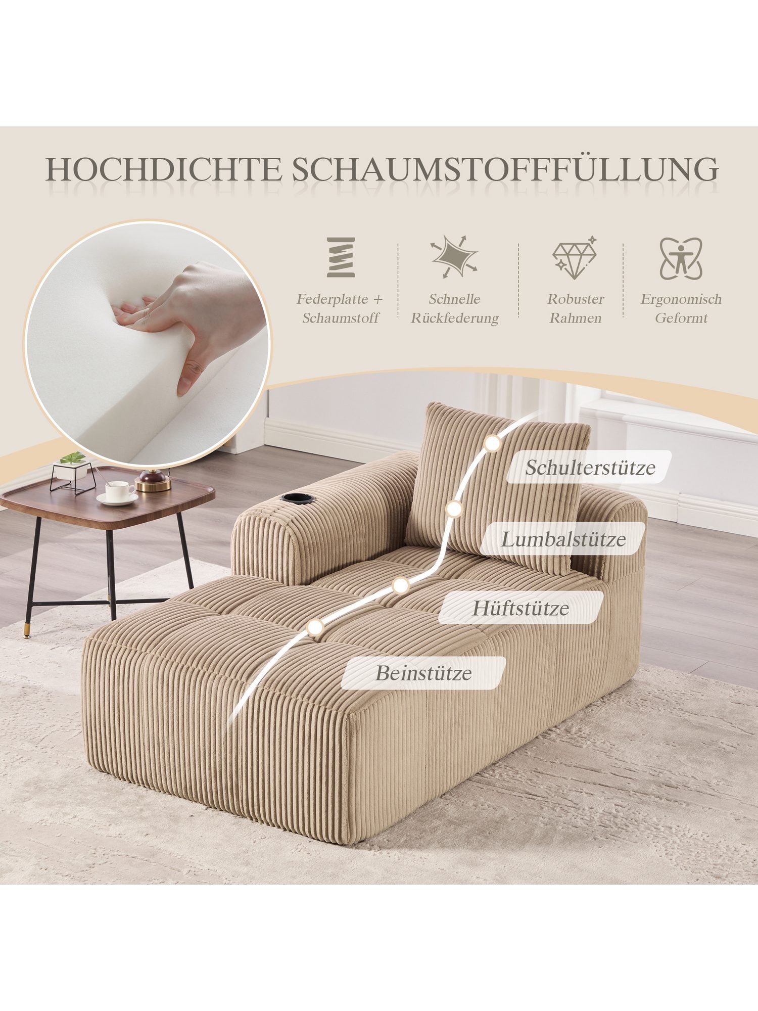 Cord Kompaktsofa in Khaki von vorne