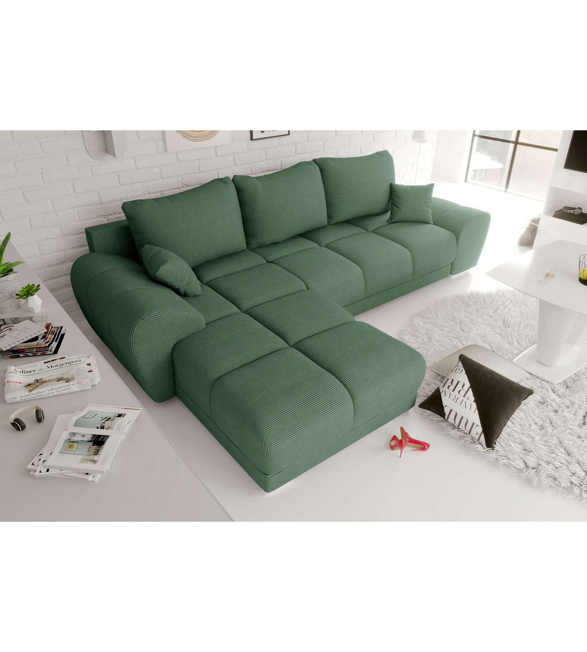 Cord Ecksofa ANTALYA in Khaki aus seitlicher Perspektive