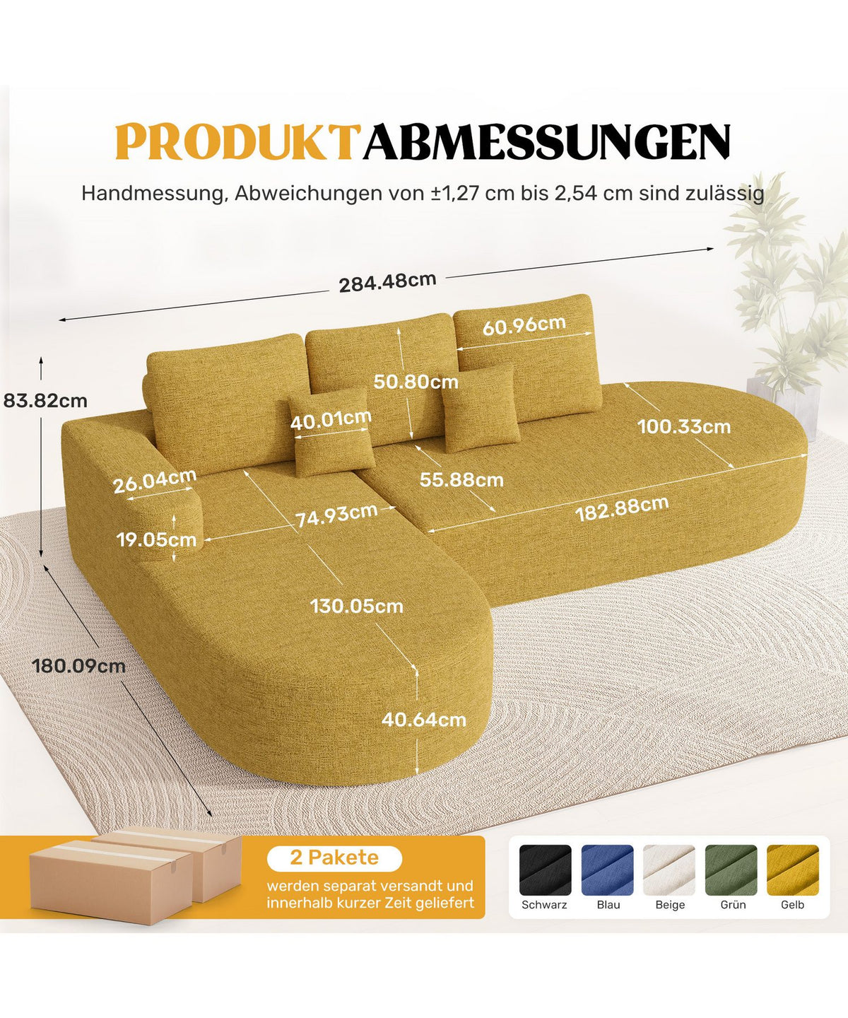 Cord Ecksofa in Gelb mit gebogener Form von vorne
