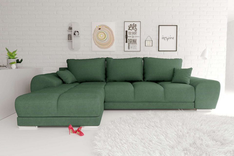 Cord Ecksofa ANTALYA 289 cm in Khaki mit Ottomane links