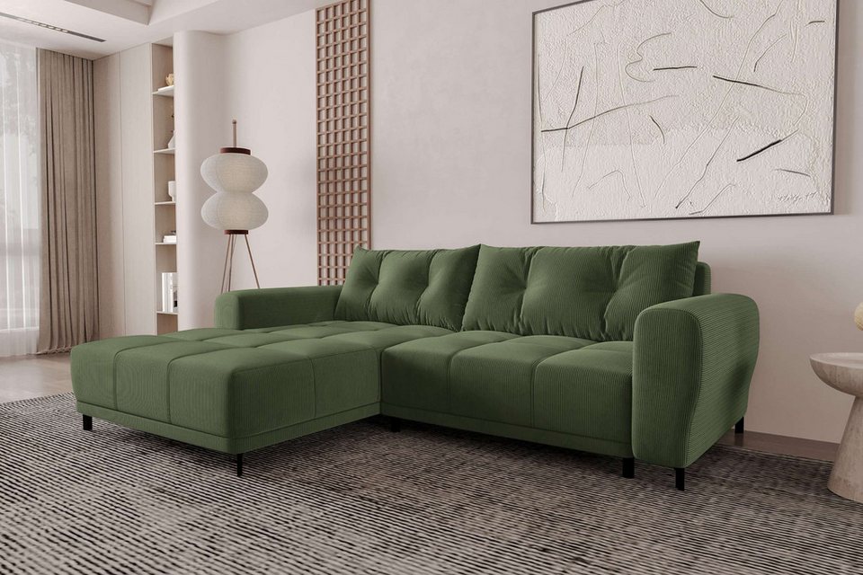 Cord Ecksofa MASSIMO in Khaki mit Ottomane und Rundumbezug