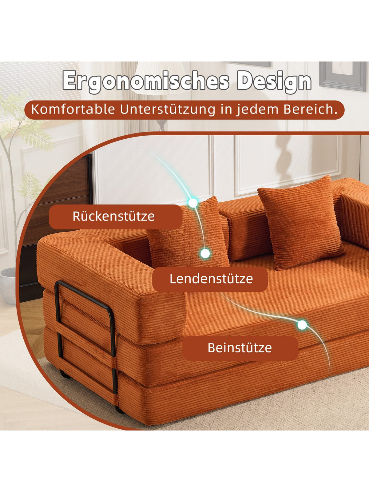 Modulare Elemente des Schlafsofas VANKEL einzeln gezeigt