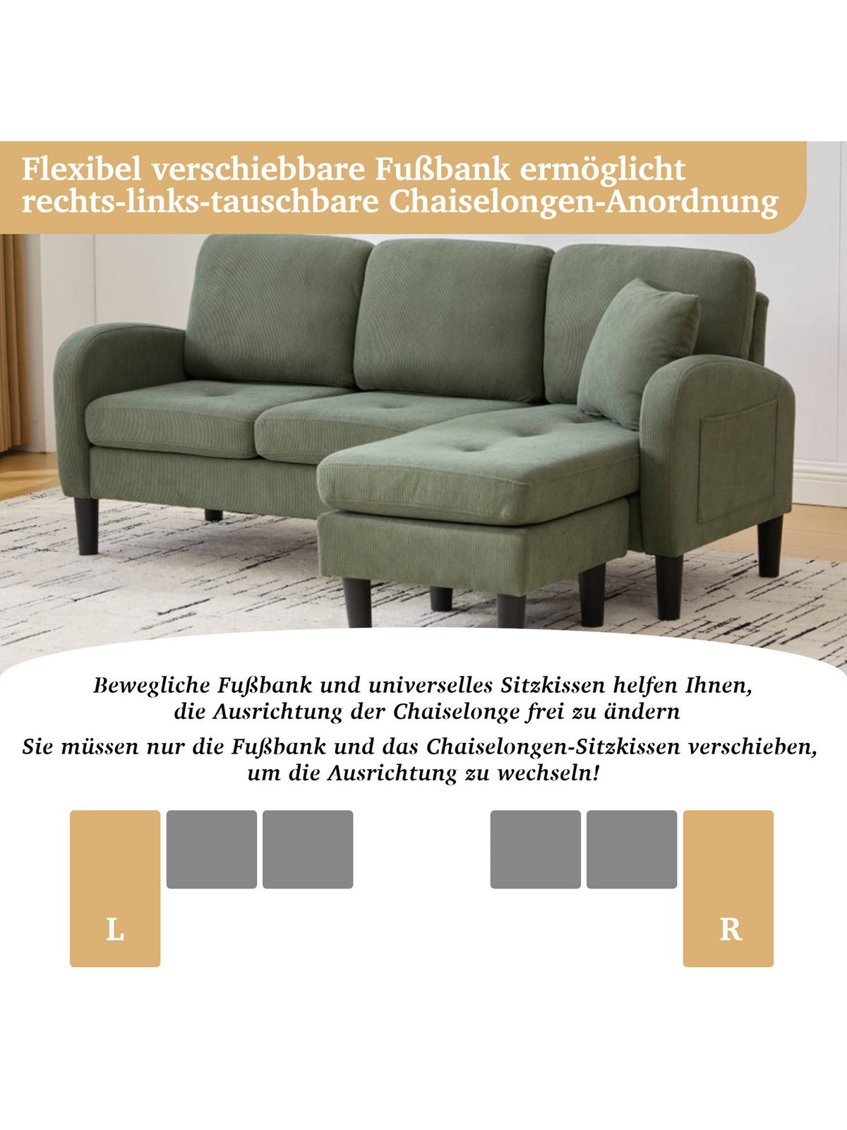 Detailaufnahme des Cordstoffs und der Kunststoffbeine
