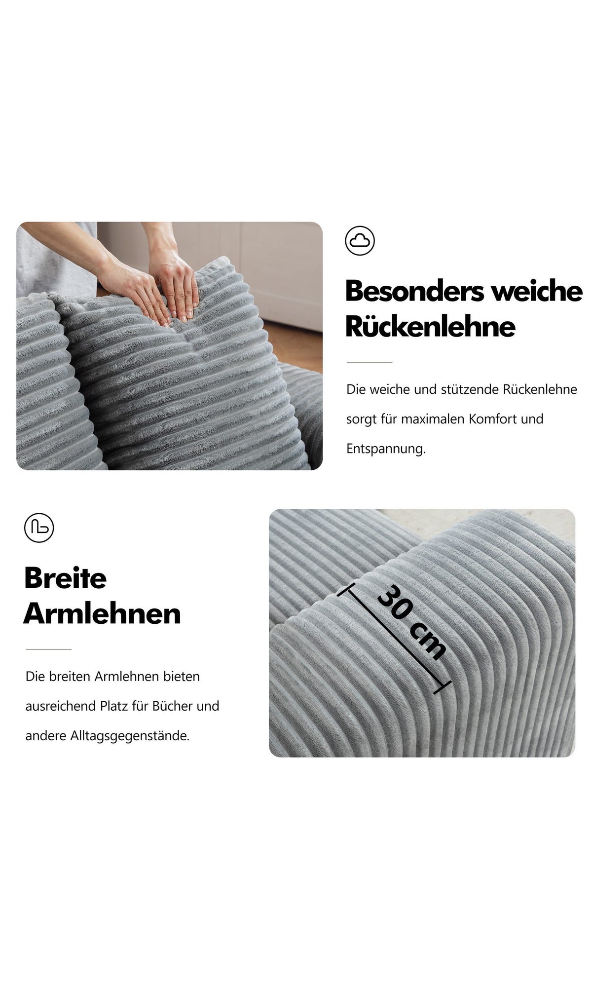 Modulares Cord Ecksofa in Grau im Loungebereich