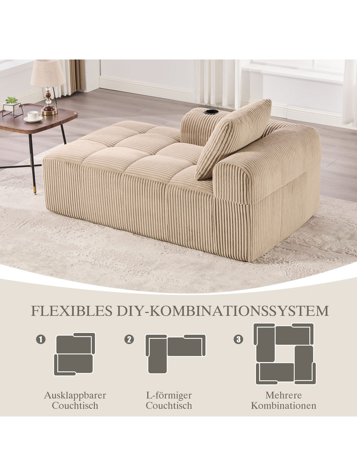 Cord Kompaktsofa in Khaki im Wohnraum