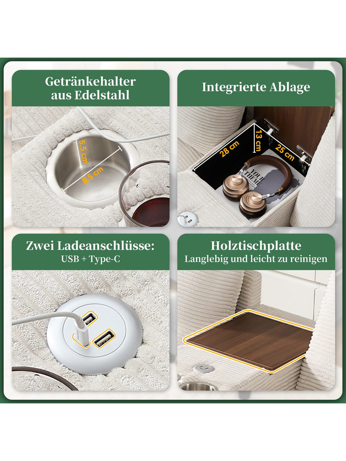 Konsole mit USB-Anschlüssen und Becherhaltern im Detail