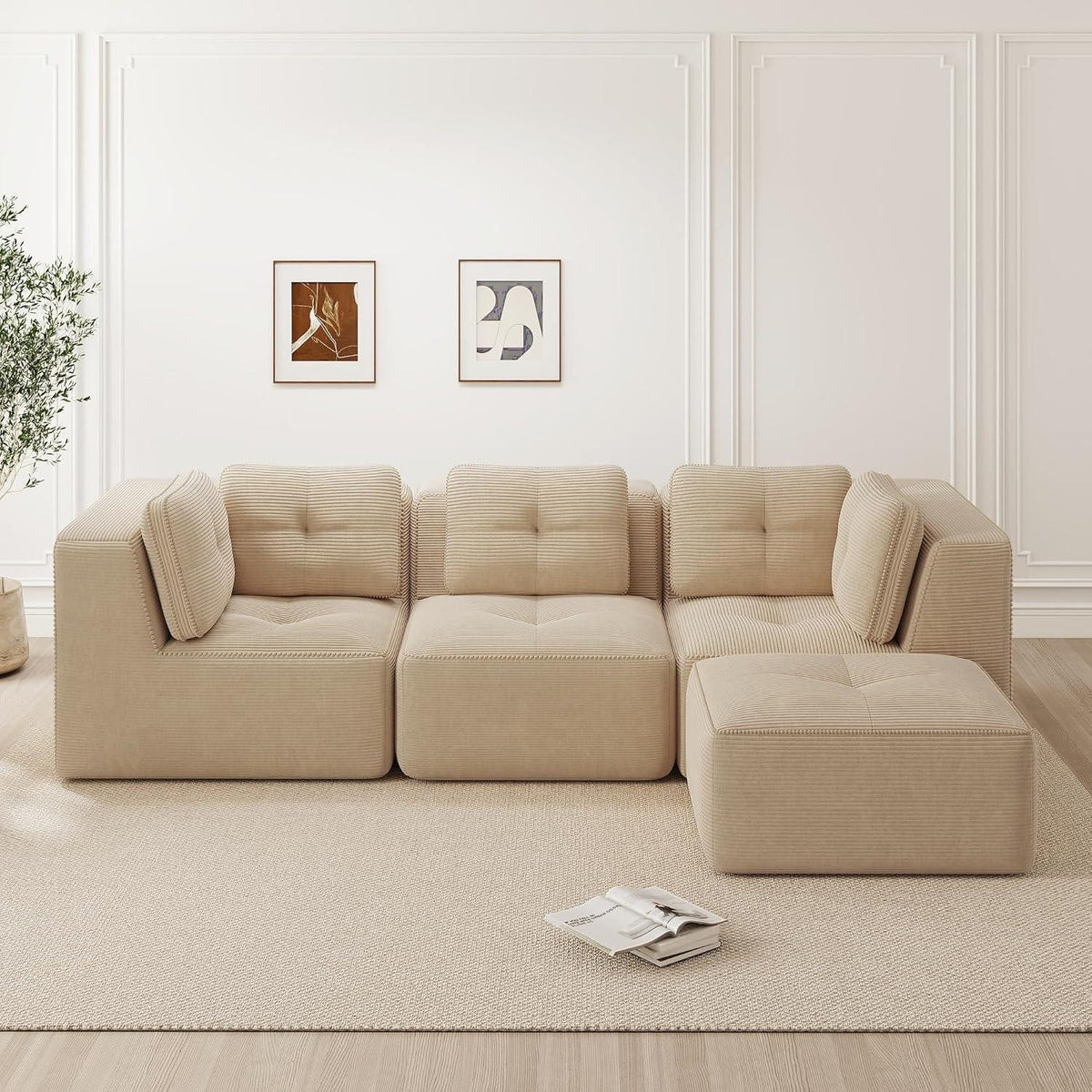 Module des beigen Cord Ecksofas einzeln aufgestellt