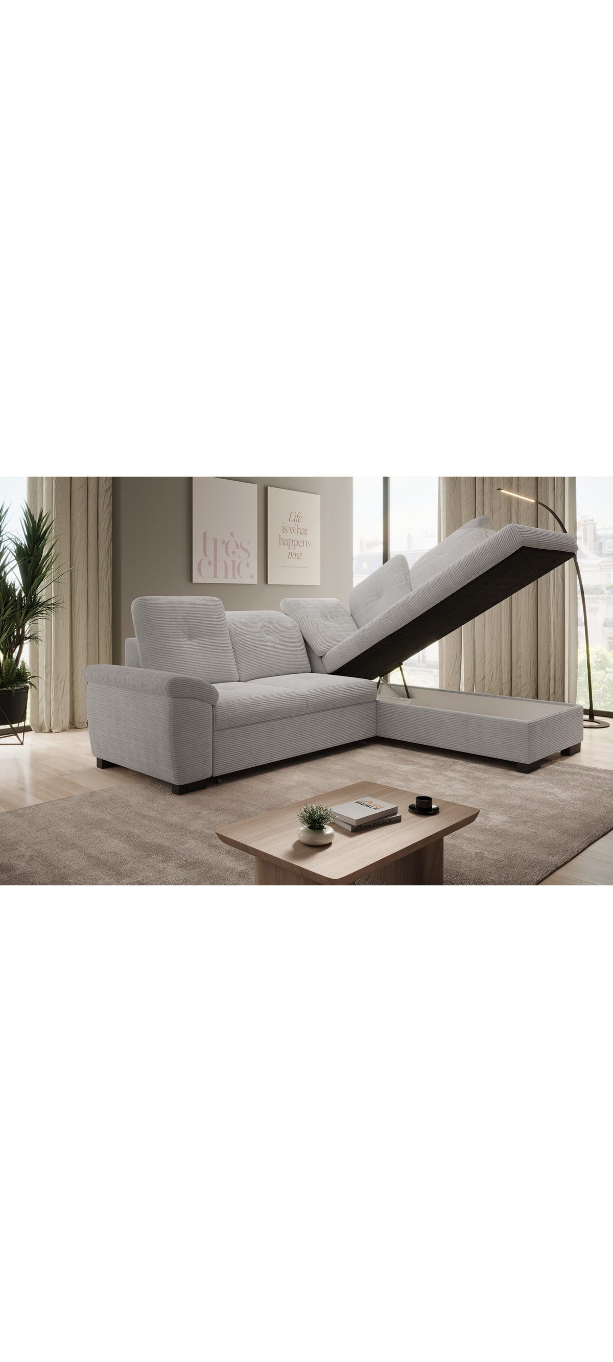 Bettkasten des grauen Cord Ecksofas DUARTE