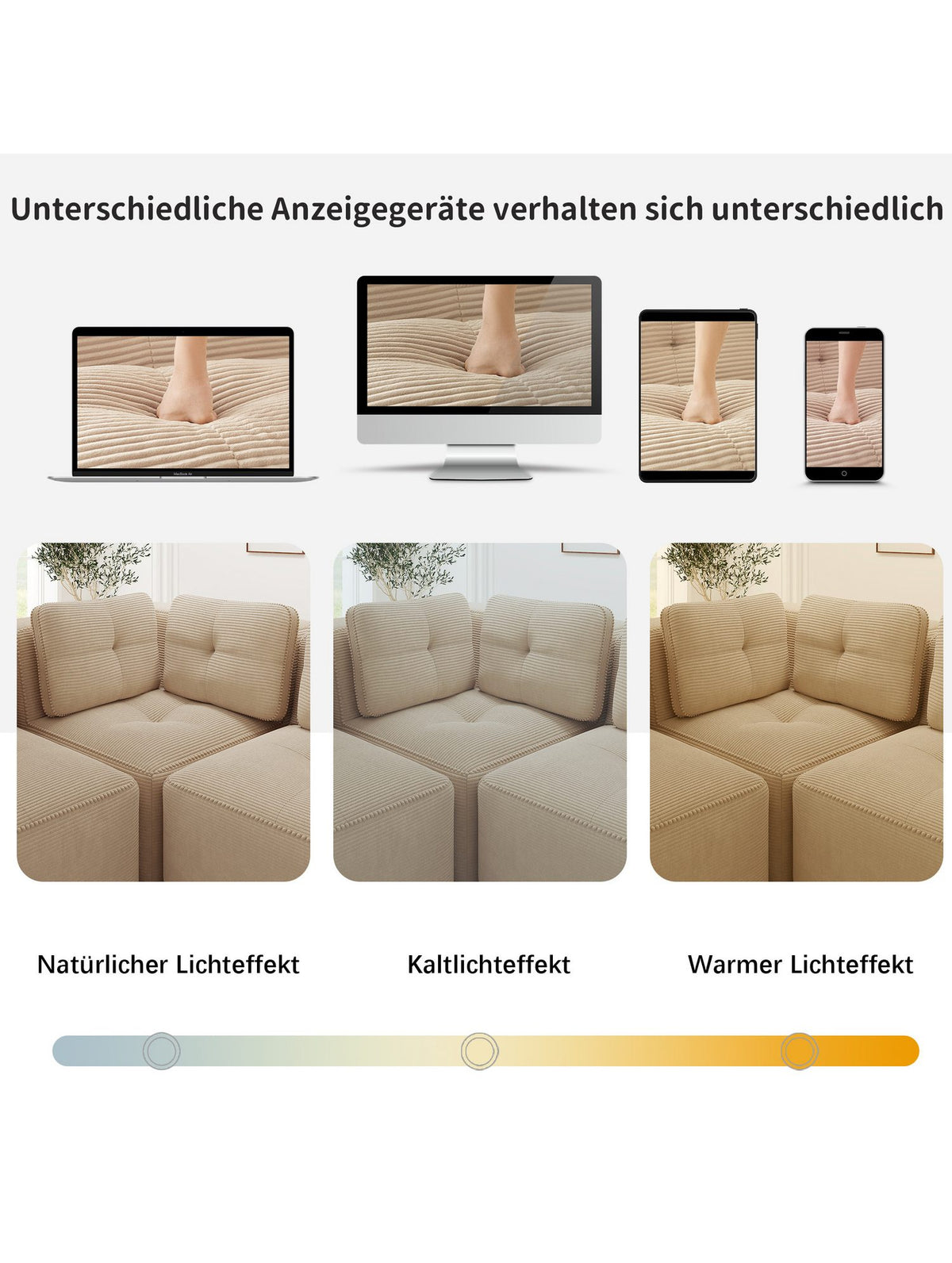 Tiefe Sitzfläche des modularen Cord Sofas in Beige