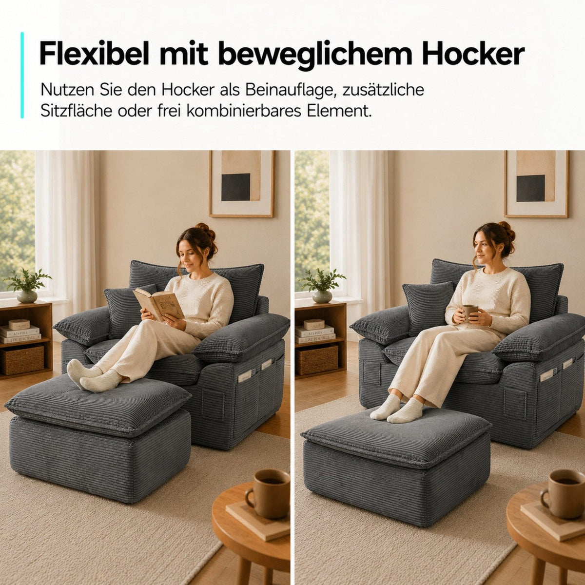 Cord Sofa mit Ottomane in L-Form