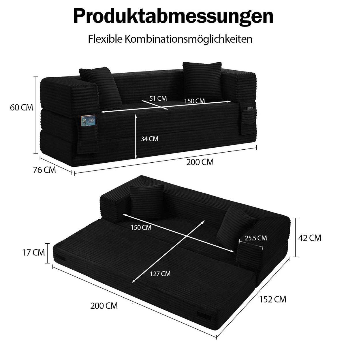 Seitenansicht des weißen Cord Schlafsofas