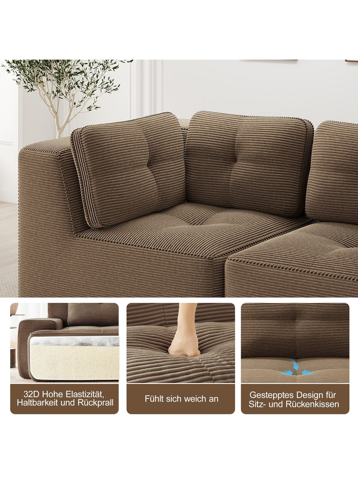 Modulares Cord Ecksofa in Braun Seitenansicht