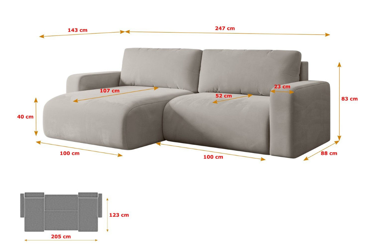 Maßskizze des Cord Ecksofas KLEEA-L