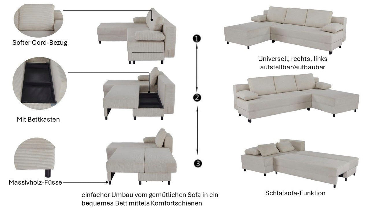 Cord Schlafsofa ONNIKO in Anthrazit Ansicht 5