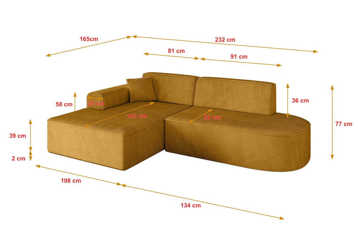 Cord Ecksofa IREA mit Ottomane links in der Zimmerecke