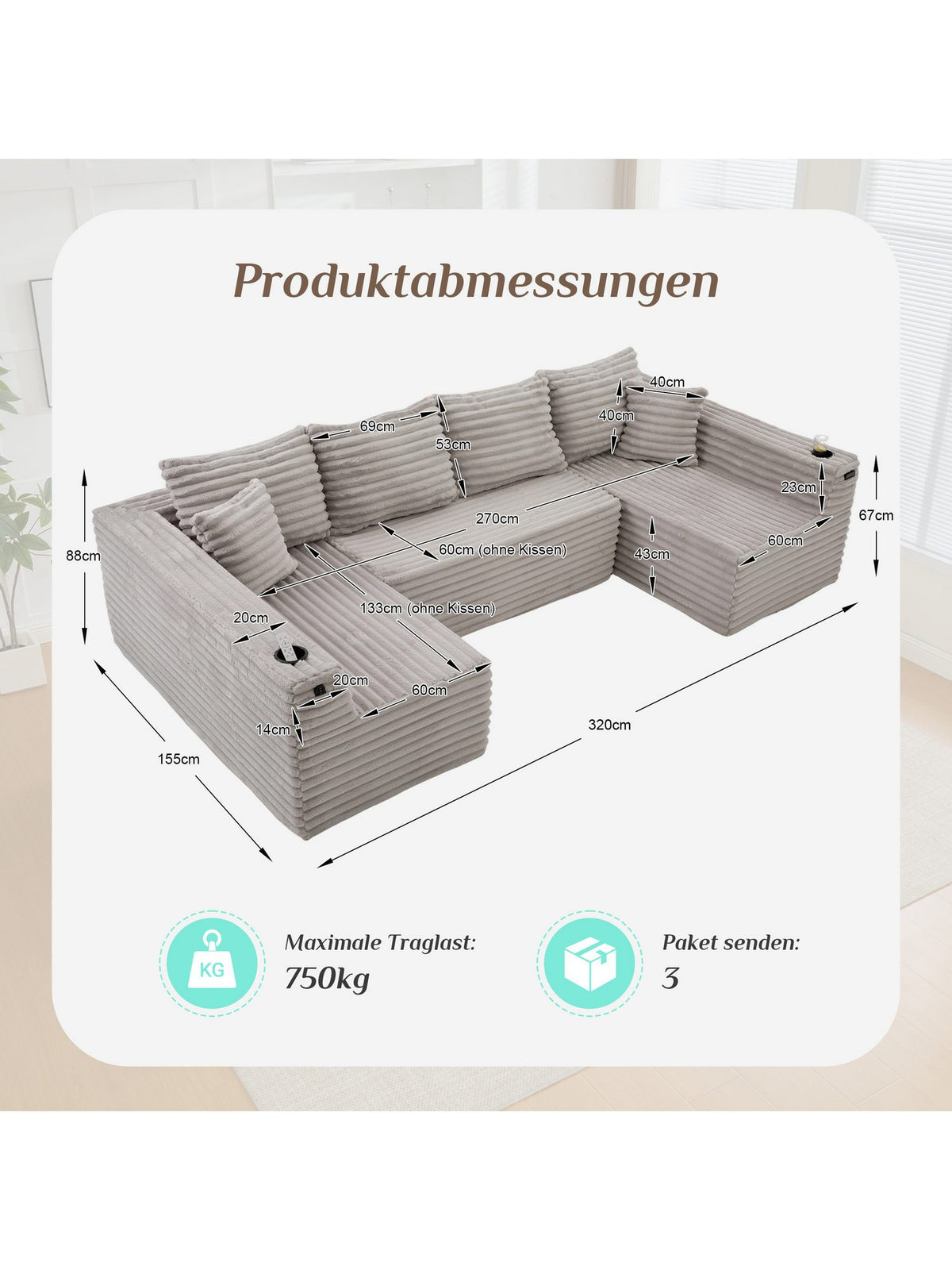 Modulares Cord Sofa CELYA in Hellgrau von vorne