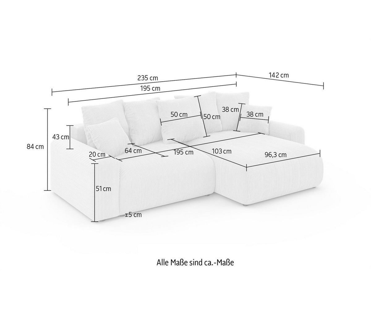 Cord Ecksofa LAKESIDE in Braun mit ausgeklappter Liegefläche