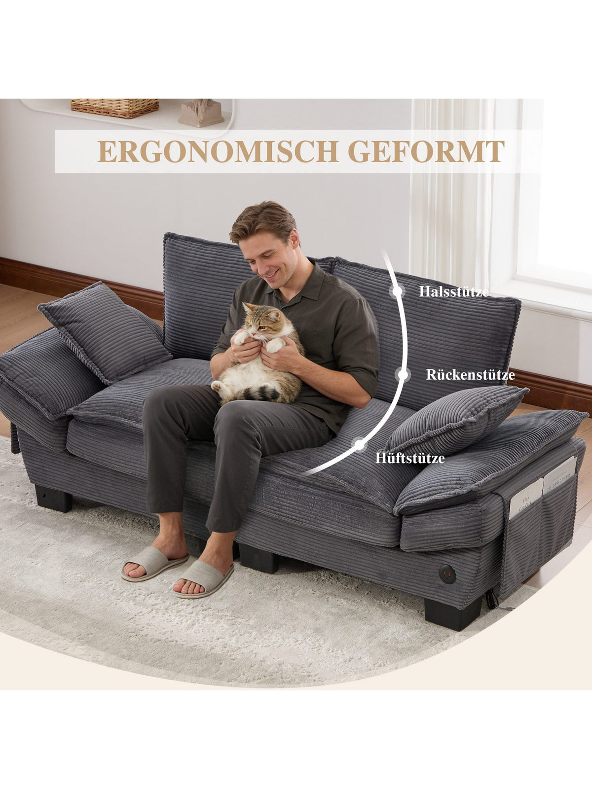 Cord Sofa mit zwei Hockern als Sitzlandschaft