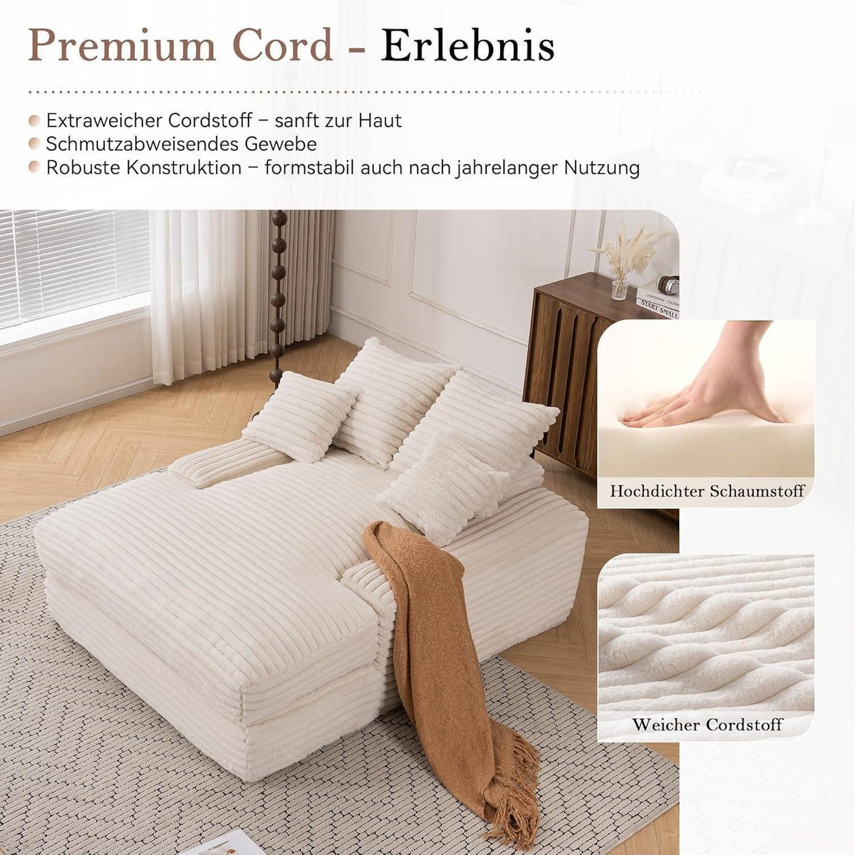 Cord Schlafsofa in Beige als Liegefläche genutzt