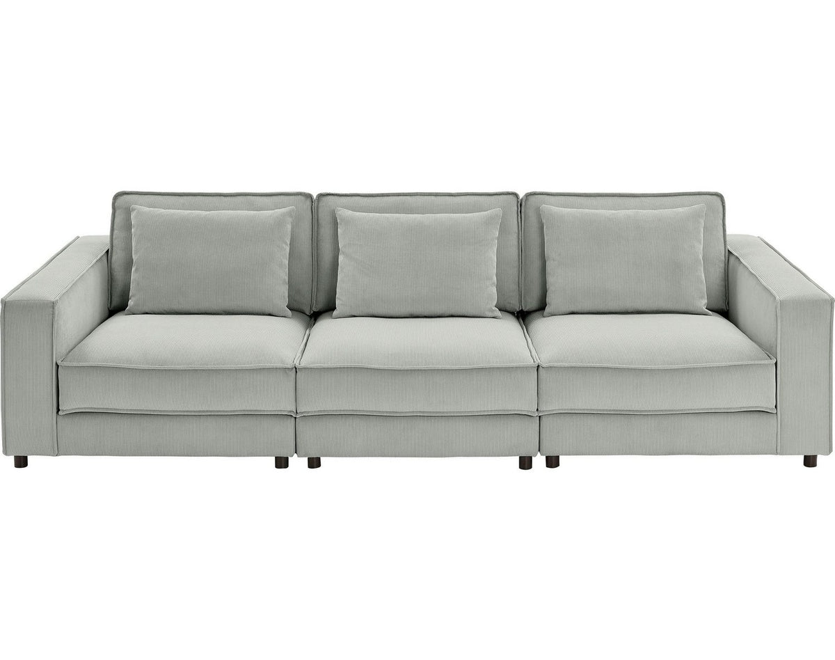 Cord Sofa VALAN in Grau von vorne fotografiert