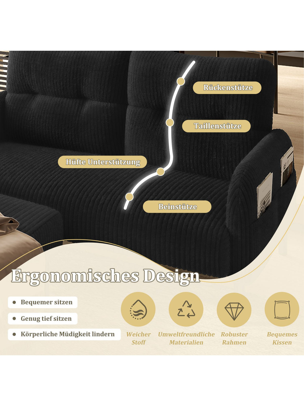 Schwarzer Cordstoff des Sofas BLINGBIN im Detail