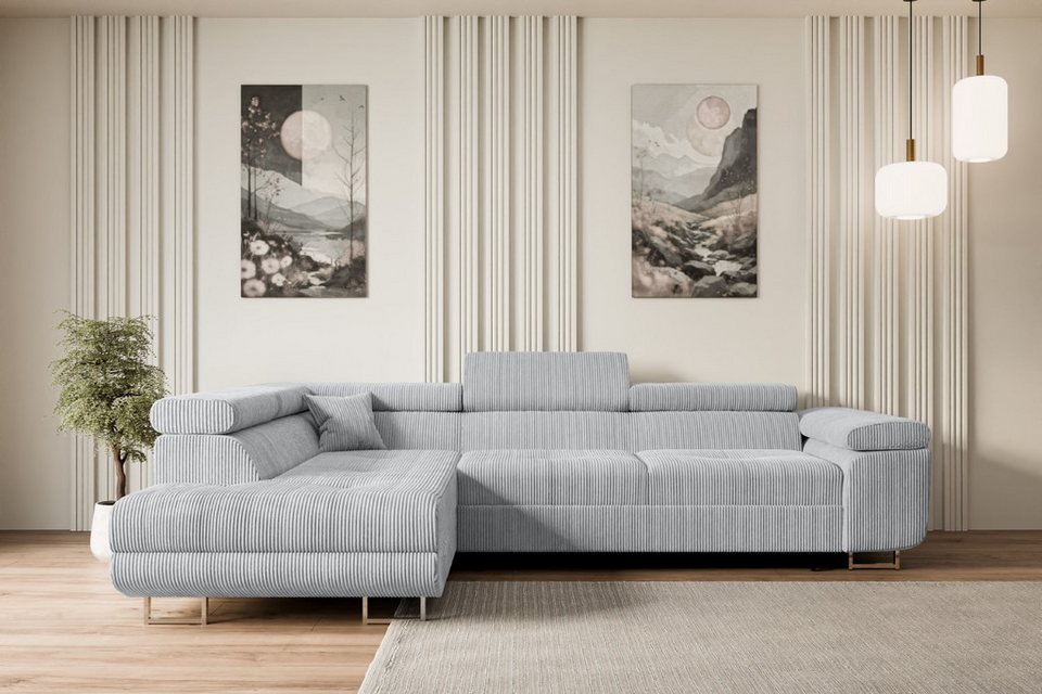 Graues Cord Ecksofa GUSA-L in L-Form mit Ottomane links