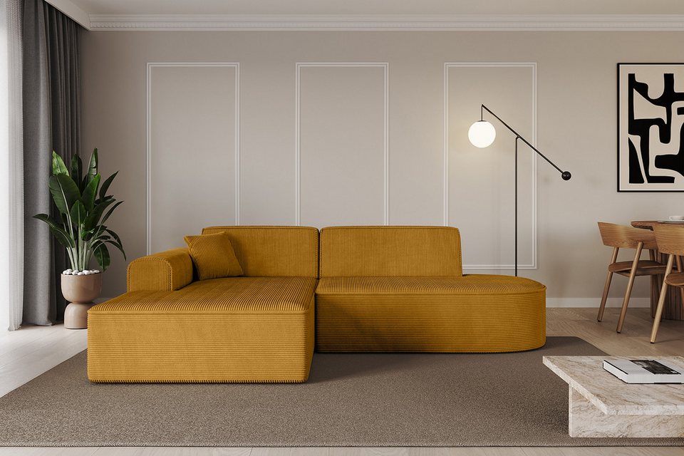 Cord Ecksofa IREA in Senfgelb mit Ottomane links