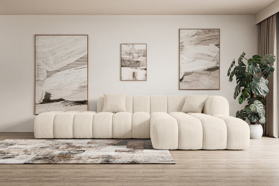 Cord Ecksofa OLEA-L2 in Beige mit Ottomane