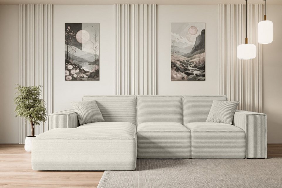 Cord Ecksofa SERRA-L in Beige mit Ottomane