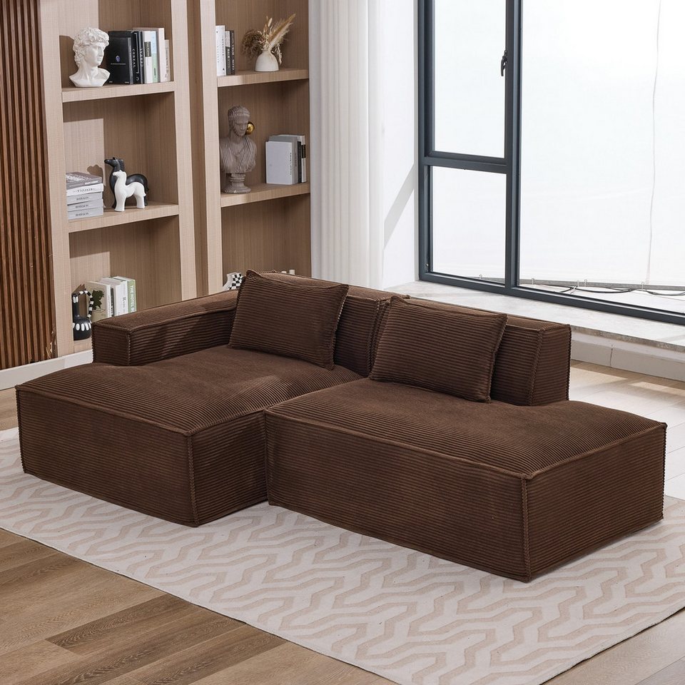 Modulares Cord Ecksofa in Braun mit tiefer Sitzfläche