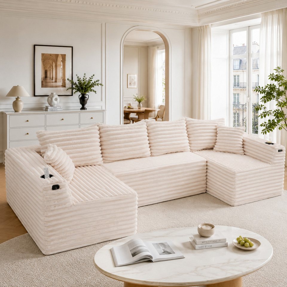Modulare Cord Wohnlandschaft in U-Form in Beige