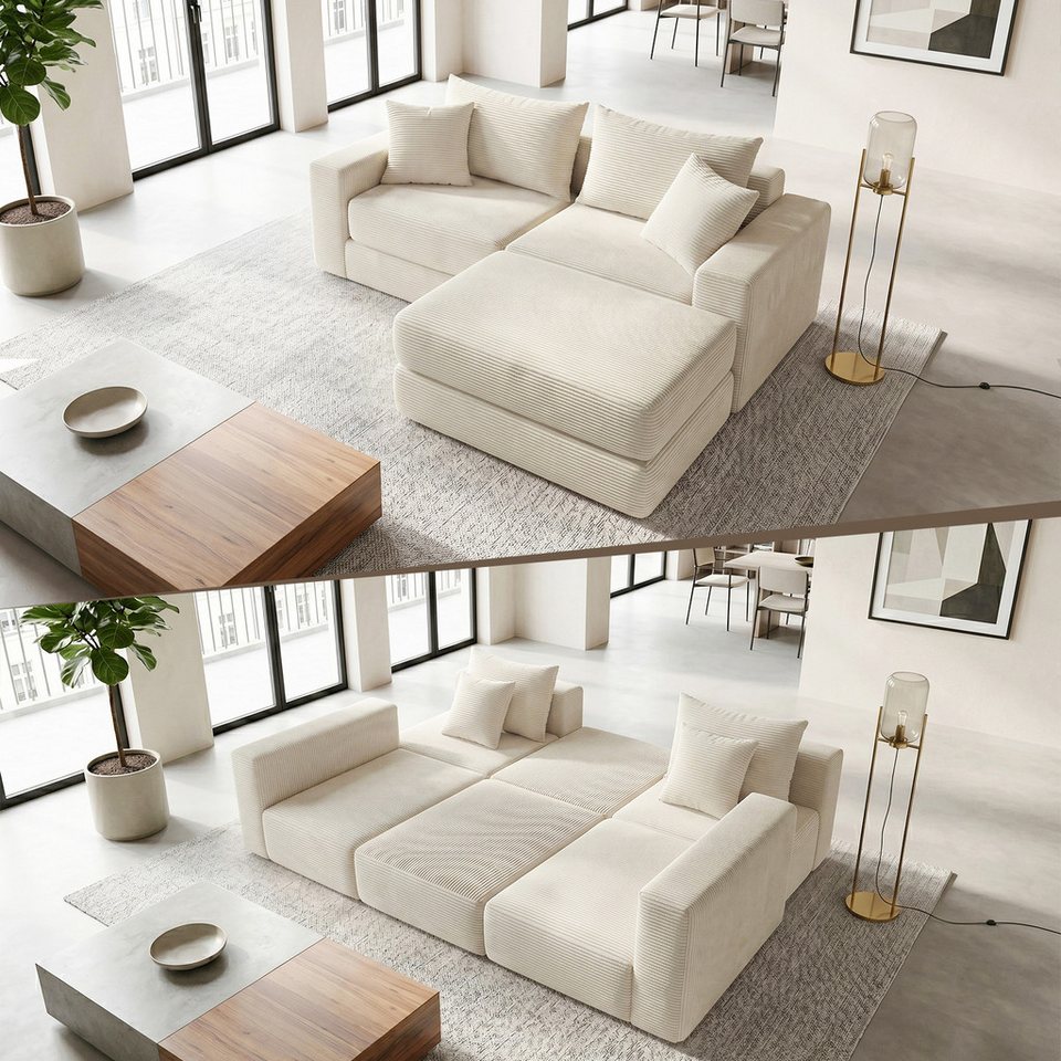 Modulares Cord Schlafsofa in Weiß mit Bettfunktion