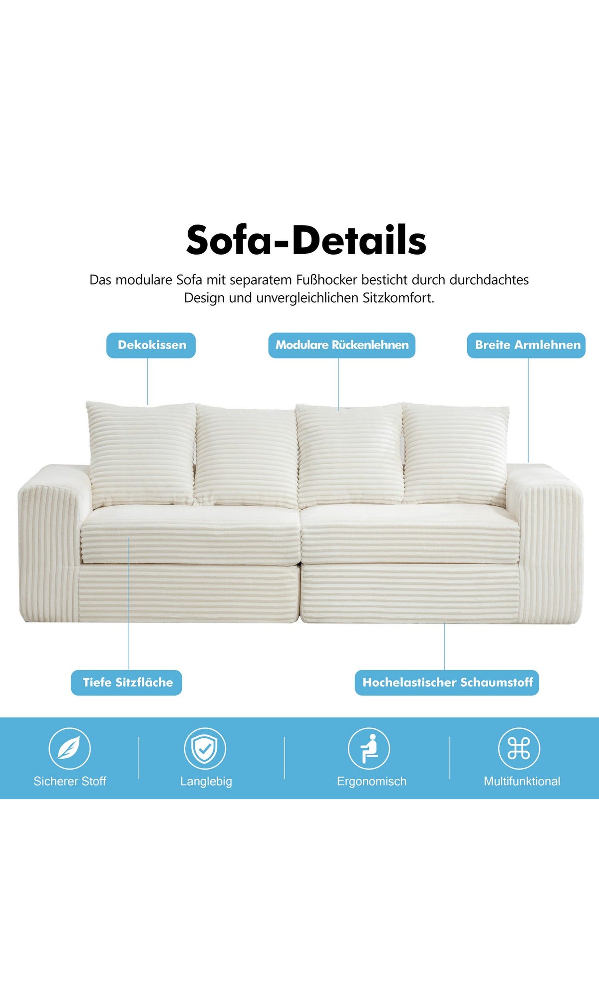 Cord Sofa in Weiß in der Frontansicht