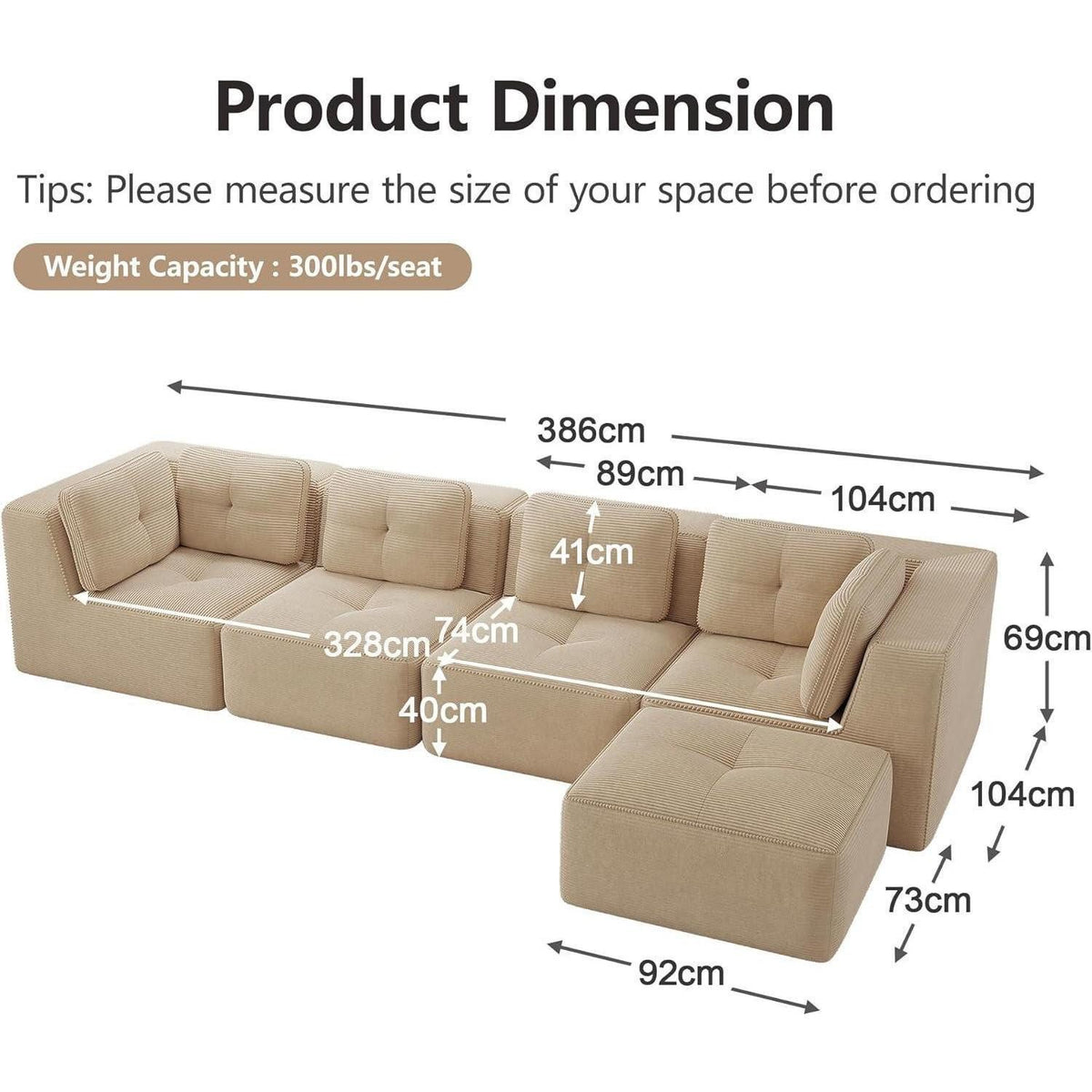 Beiges Cord Ecksofa mit Ottomane im Wohnzimmer