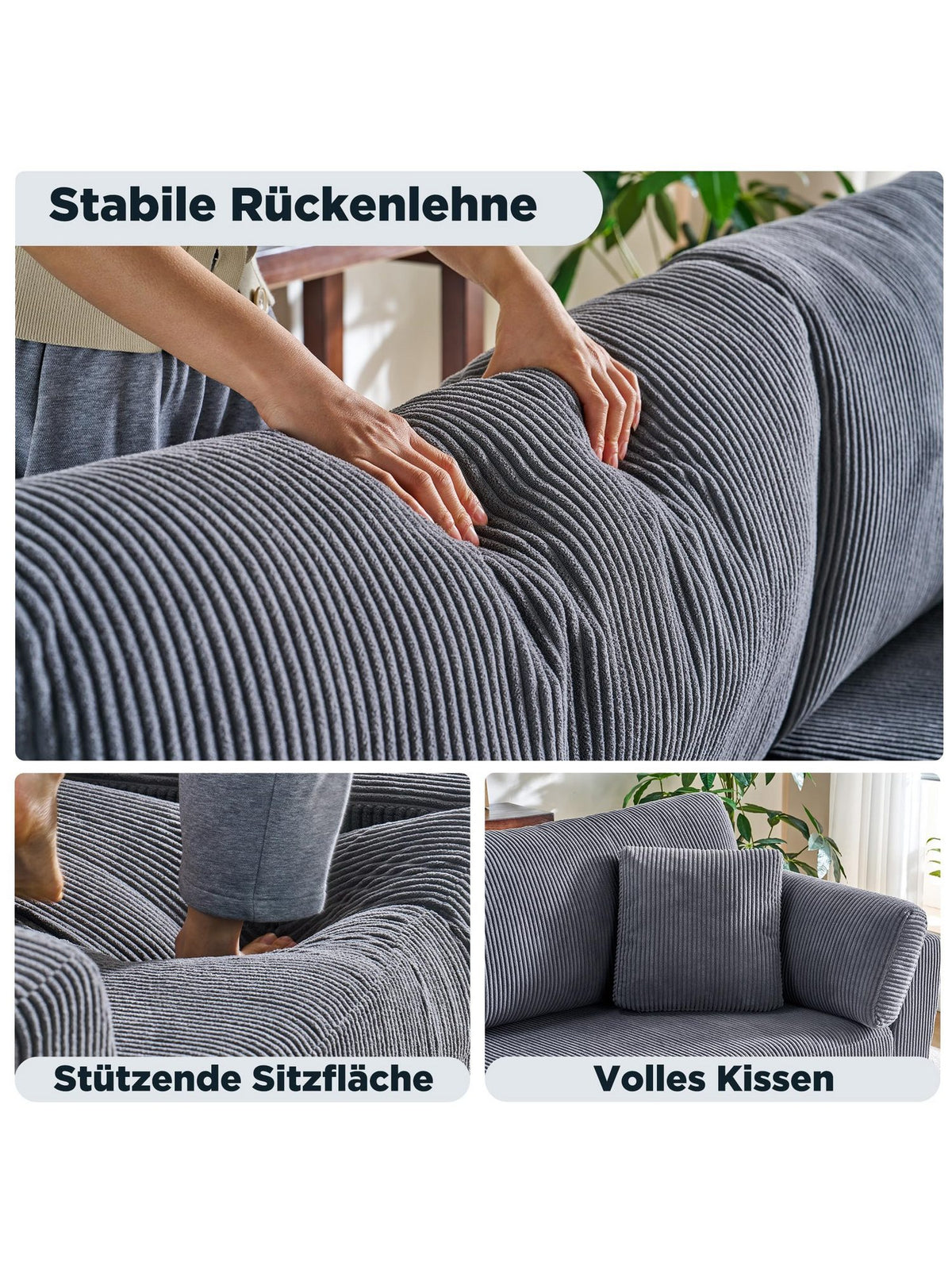 Detailaufnahme des dunkelgrauen Cordstoffs