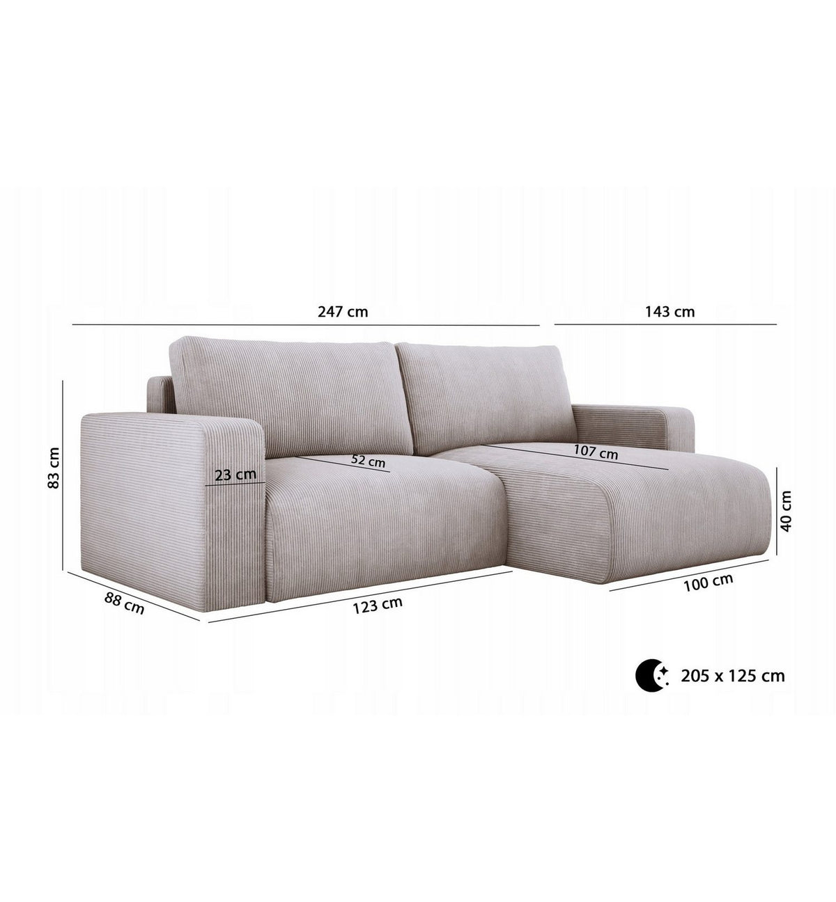 Cord Ecksofa CARL Hellgrau Stauraum unter der Sitzflaeche