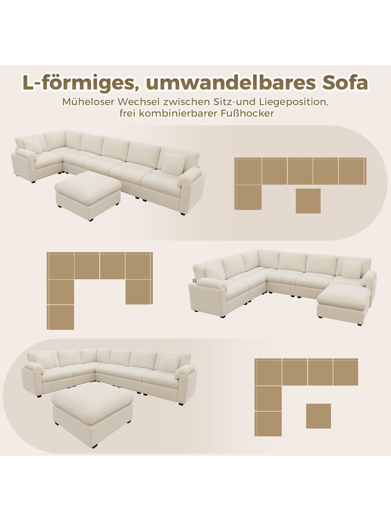 Hocker der beigen Cord Wohnlandschaft im Detail