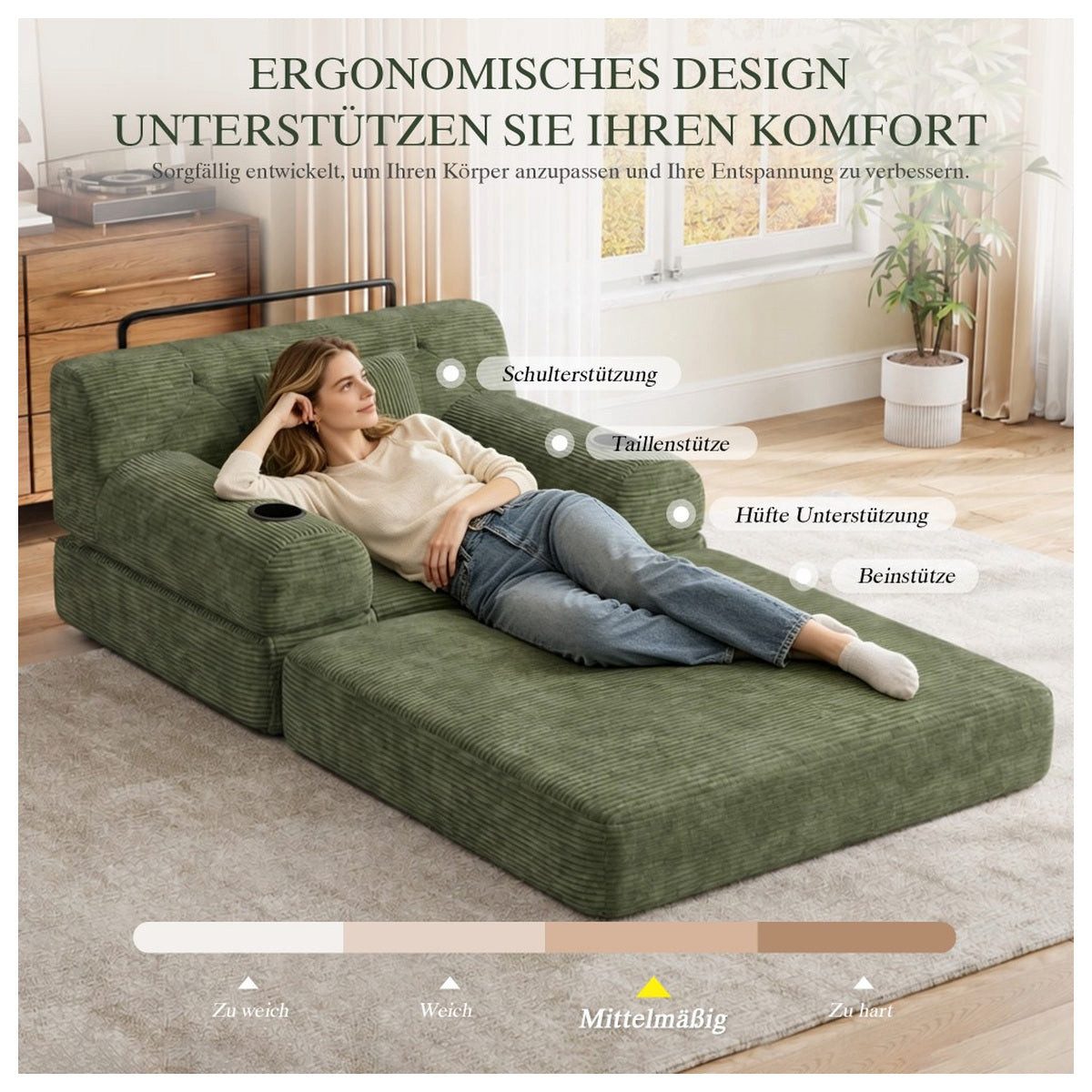 Grünes Schlafsofa aus Cord im Wohnraum