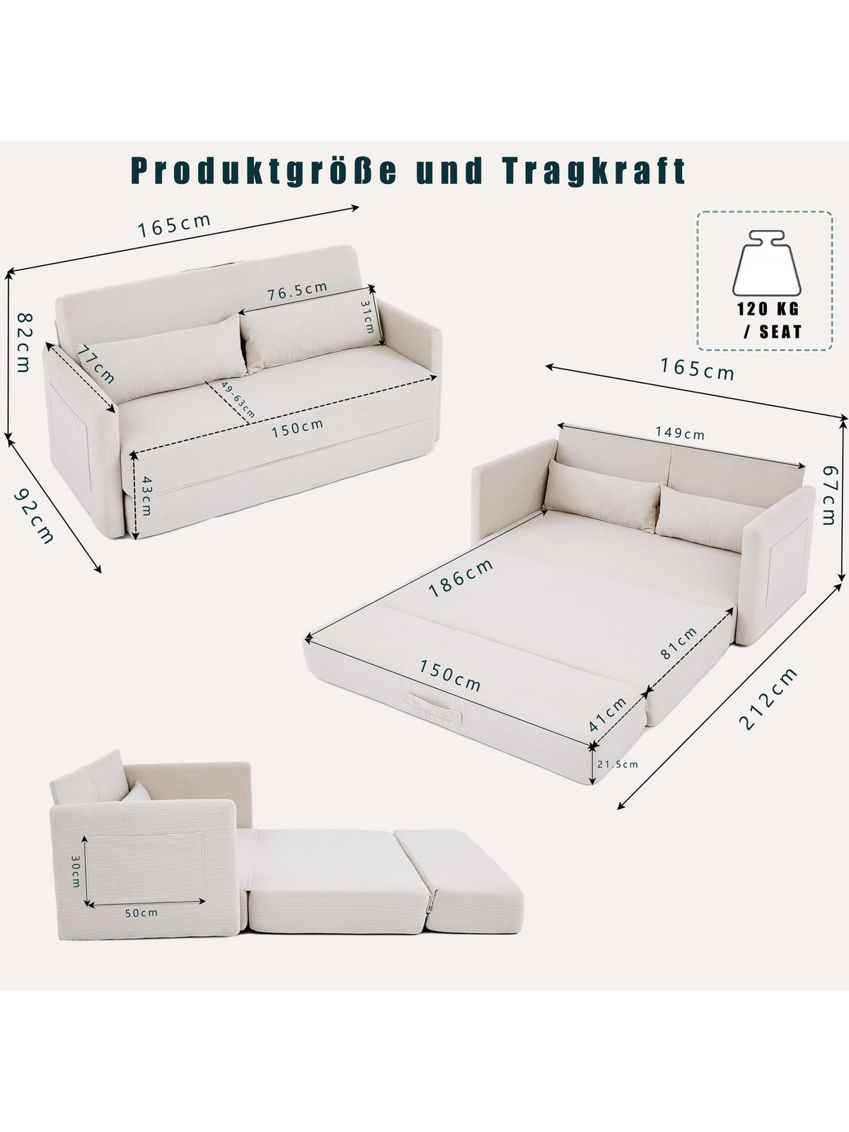 Cord Klappsofa in Beige im kleinen Wohnzimmer