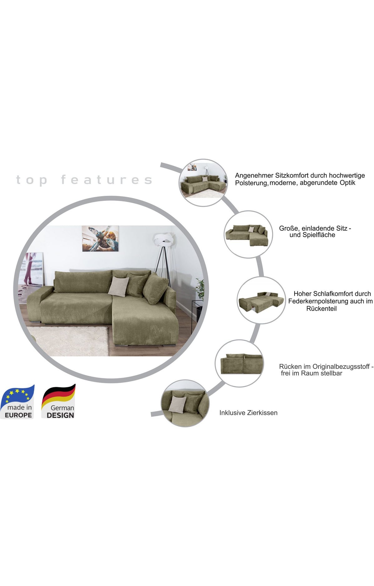 Ausgezogene Liegefläche des Ecksofas POPPY