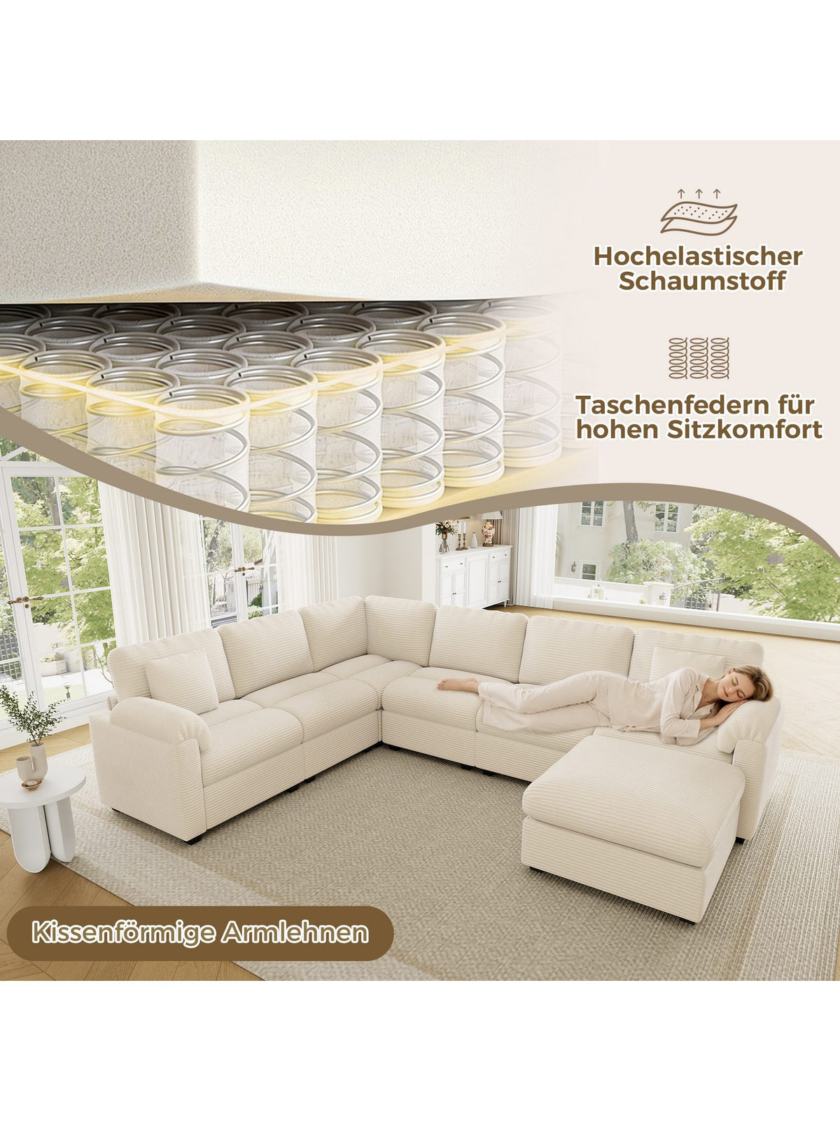 Beige Cord Wohnlandschaft im großen Wohnzimmer
