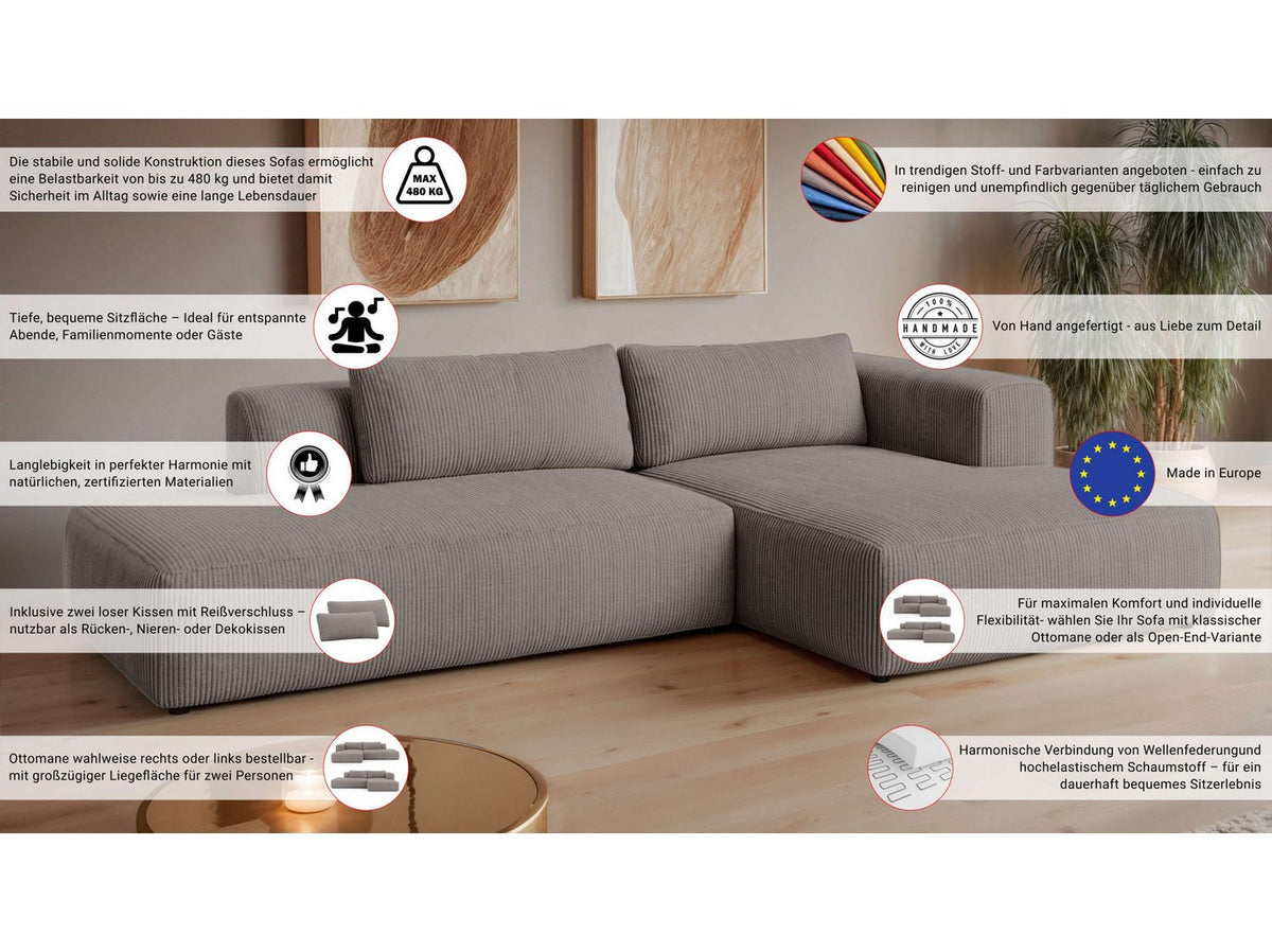 Nahaufnahme des Cordbezugs in Creme am Ecksofa TIARRA
