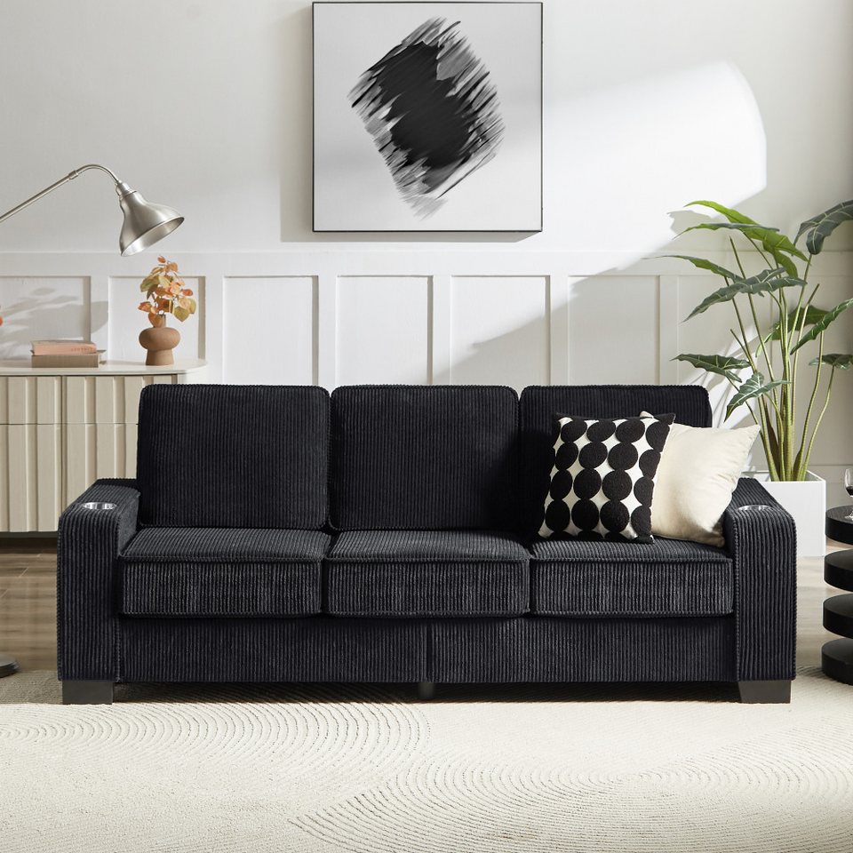 Cord Sofa 206 cm 3-Sitzer in Schwarz mit Getränkehaltern